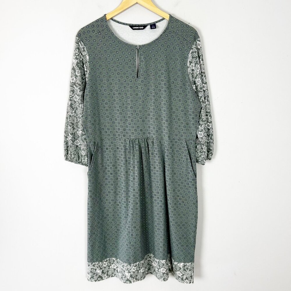 Lands’ End Soft Knit Midi Dress Mixed Pattern Sage Green Size Large 14-16 Women'